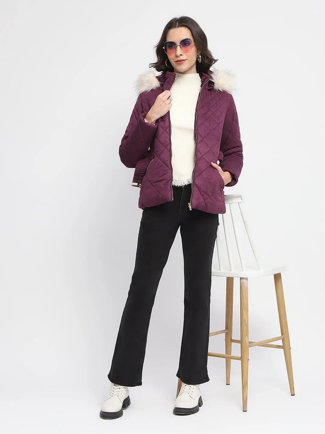 Madame Suede Fur Hooded Down Deep Plum Quilted Jacket