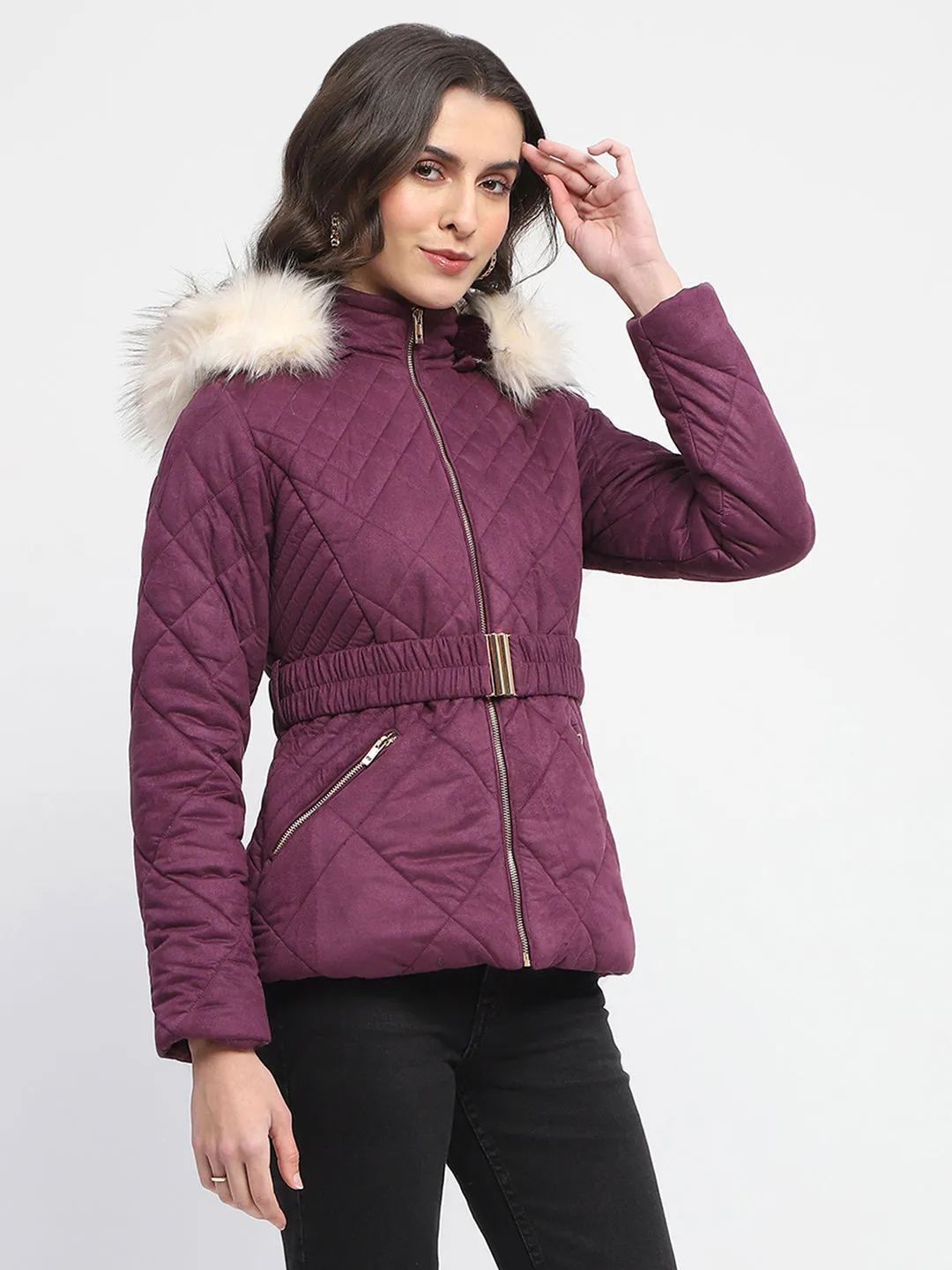 Madame Suede Fur Hooded Down Deep Plum Quilted Jacket