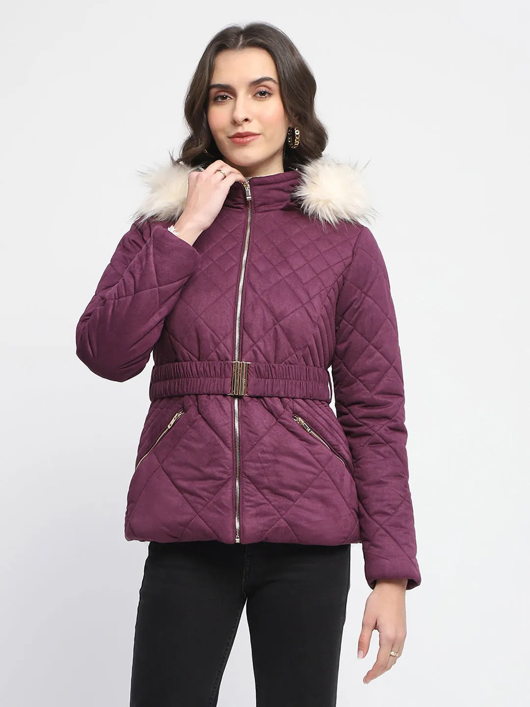 Madame Suede Fur Hooded Down Deep Plum Quilted Jacket