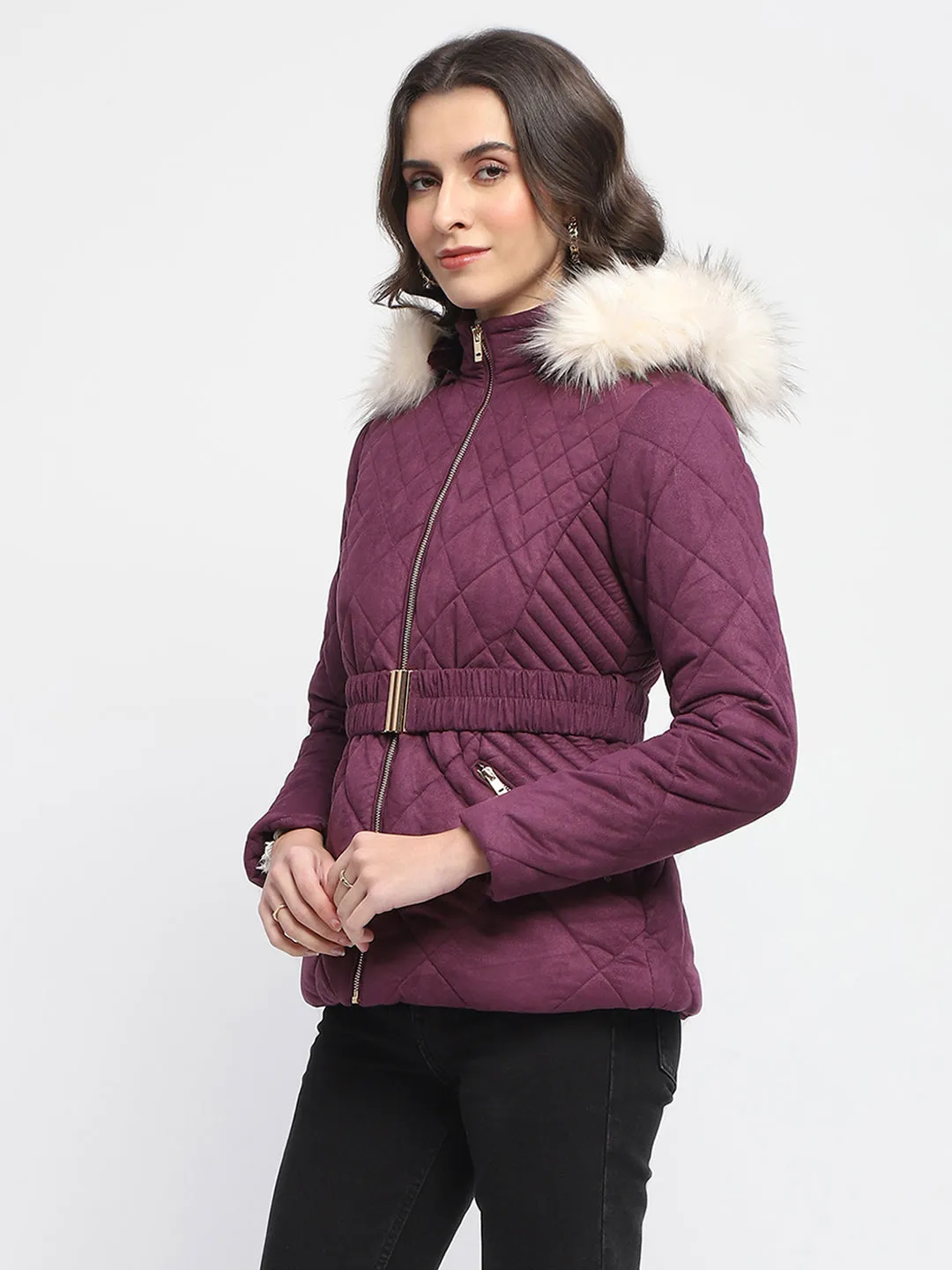 Madame Suede Fur Hooded Down Deep Plum Quilted Jacket