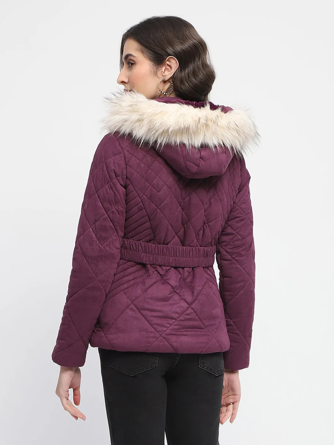 Madame Suede Fur Hooded Down Deep Plum Quilted Jacket