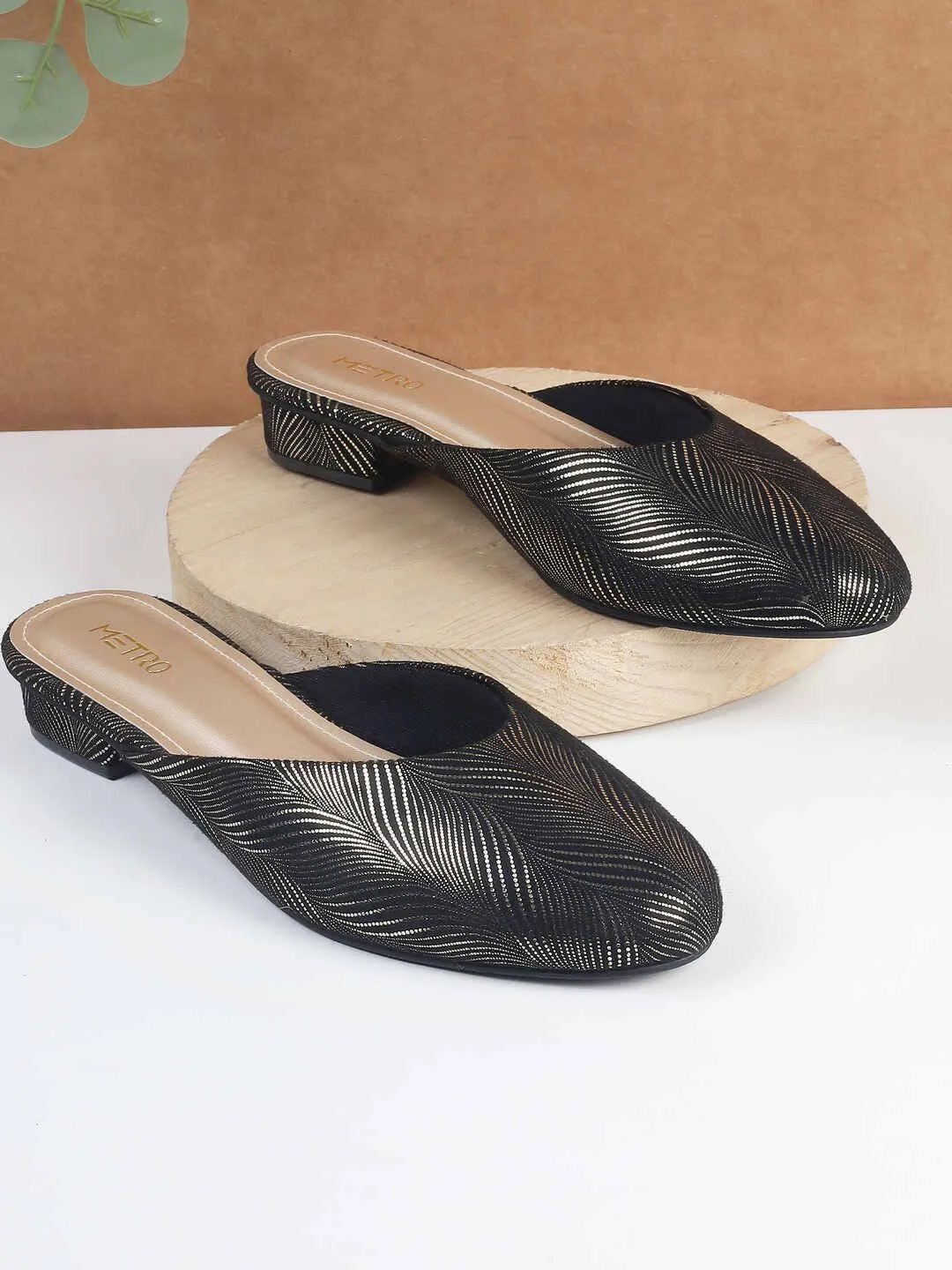 Metro Women Textured Ethnic - Embellished Pointed Toe Block Mules