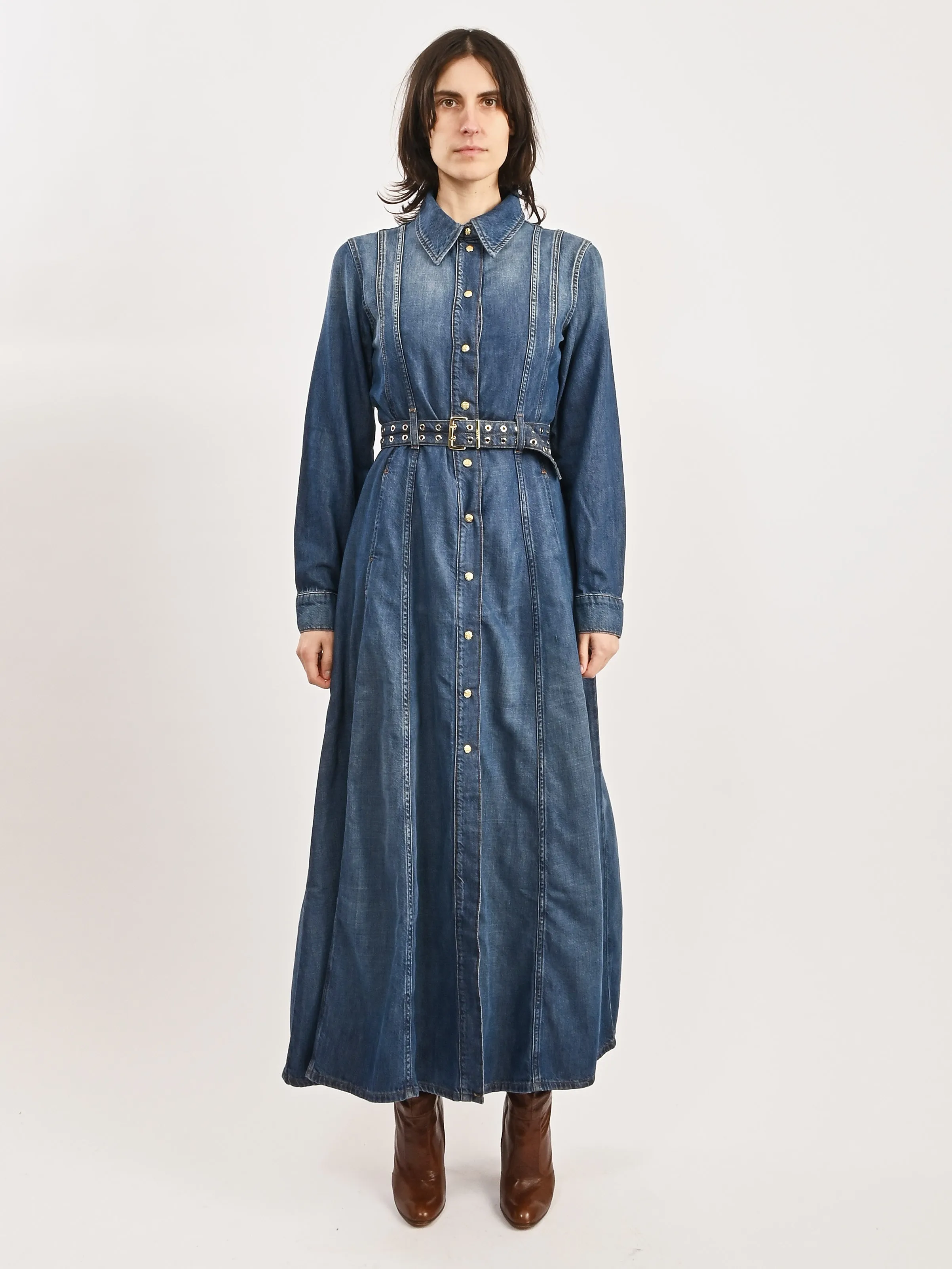 Mid Blue Vintage Light Denim Maxi Dress