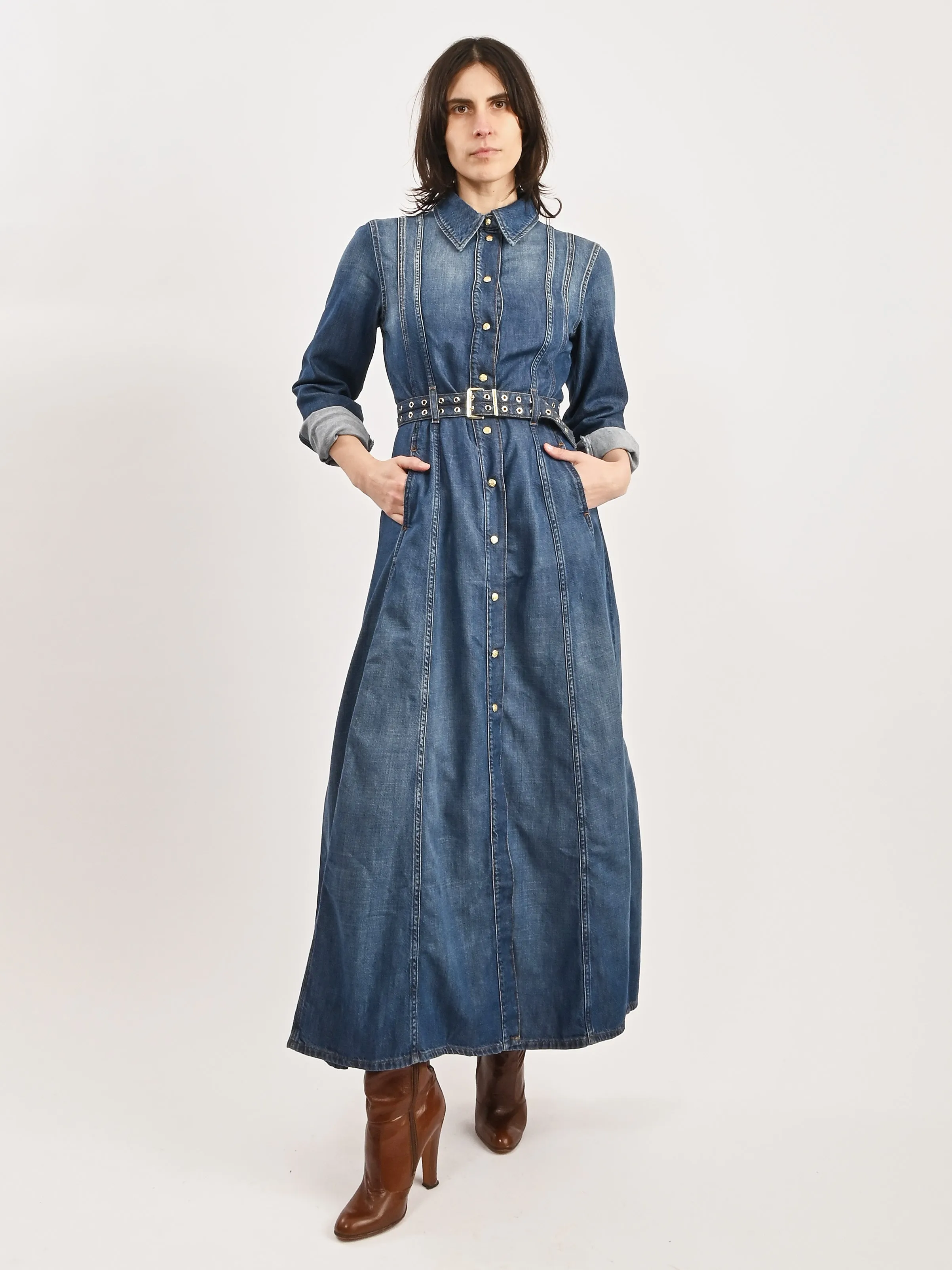 Mid Blue Vintage Light Denim Maxi Dress