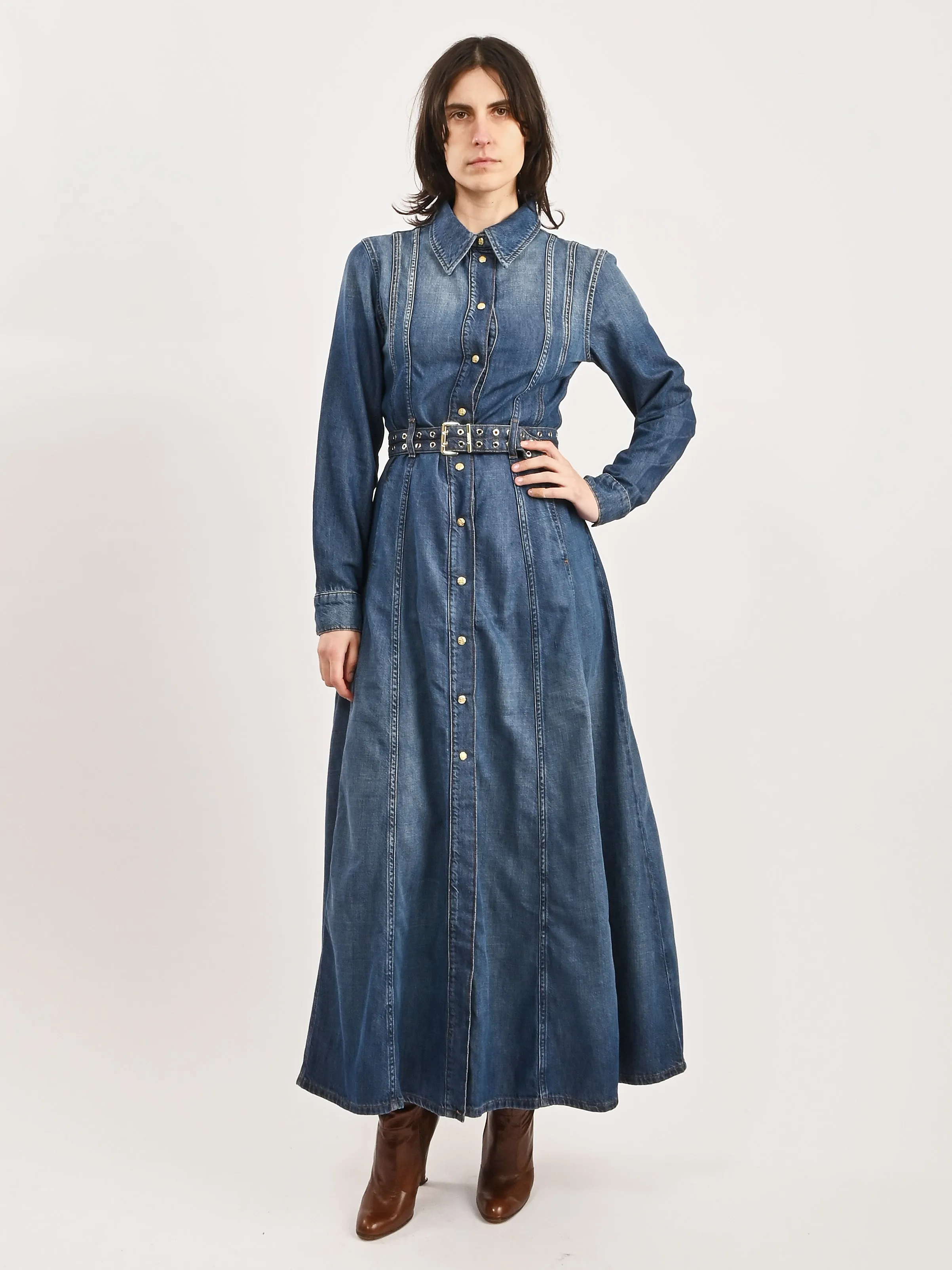 Mid Blue Vintage Light Denim Maxi Dress