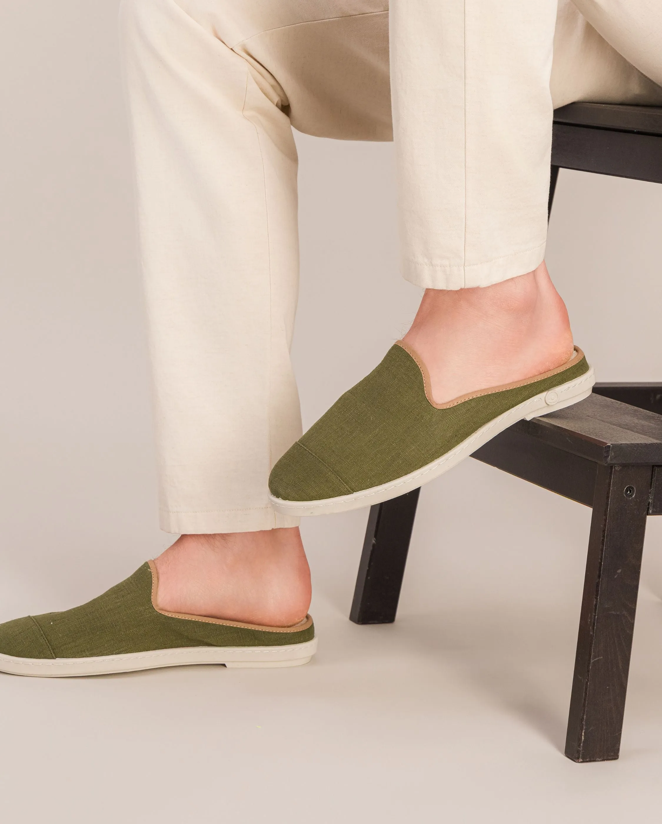 Mule homme lin, kaki taupe