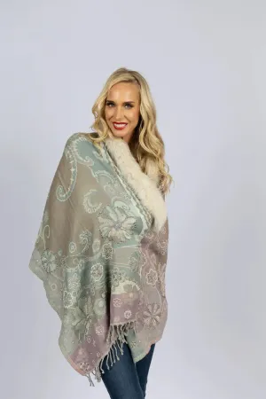 Multicolor Woven Shawl with Crystals, Embroidery, and Fox Fur Trim