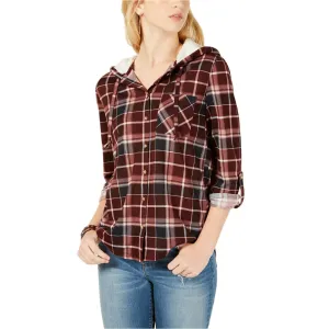 NWT Polly & Esther Juniors' Plaid Faux Fur-Trimmed Hoodie Shirt Top. PK10936MC M