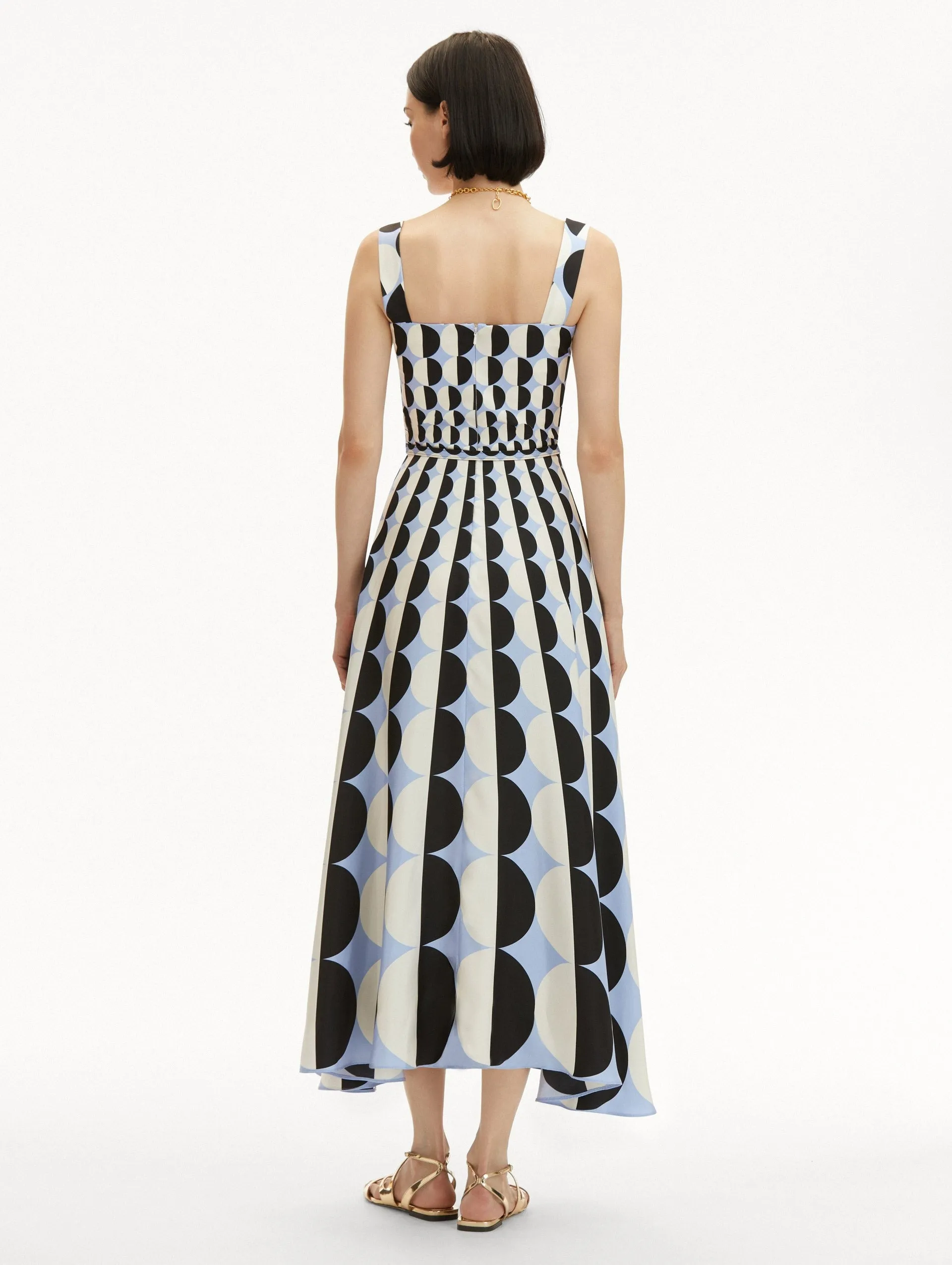 Oscar De La Renta Sleeveless Square Neck Geo Twill in Black/Blue
