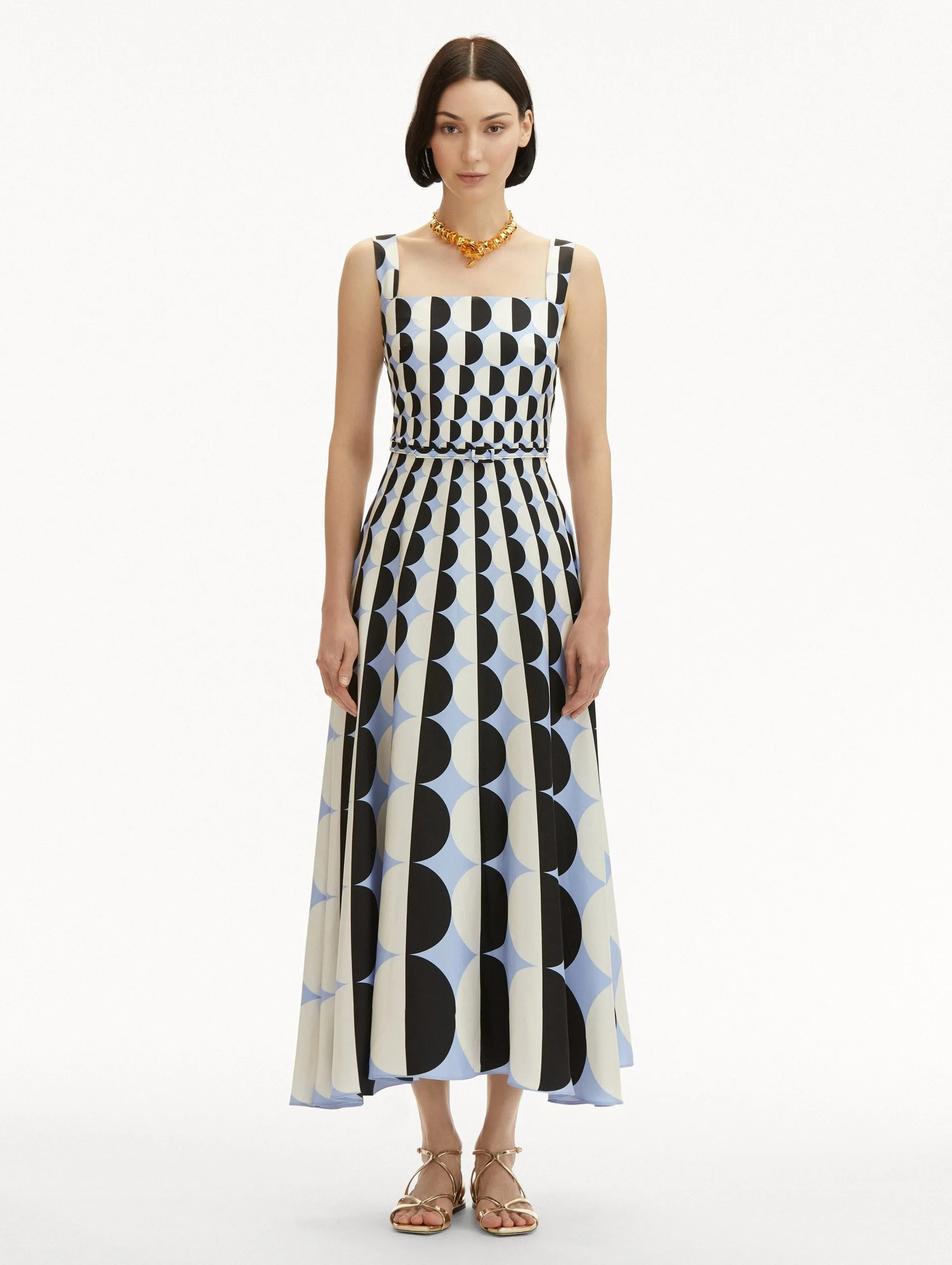 Oscar De La Renta Sleeveless Square Neck Geo Twill in Black/Blue