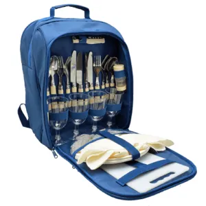 Outdoor Hiking Picnic Travel Cooler Rucksack Plates Cutlrey & Glasses 4 Persons