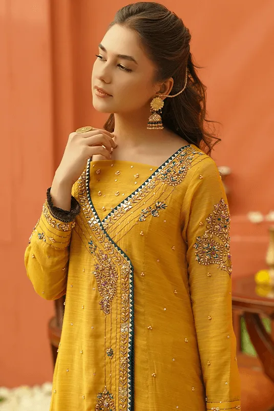 Pakistani Angrakha Style Frock in Ochre Yellow #PF431
