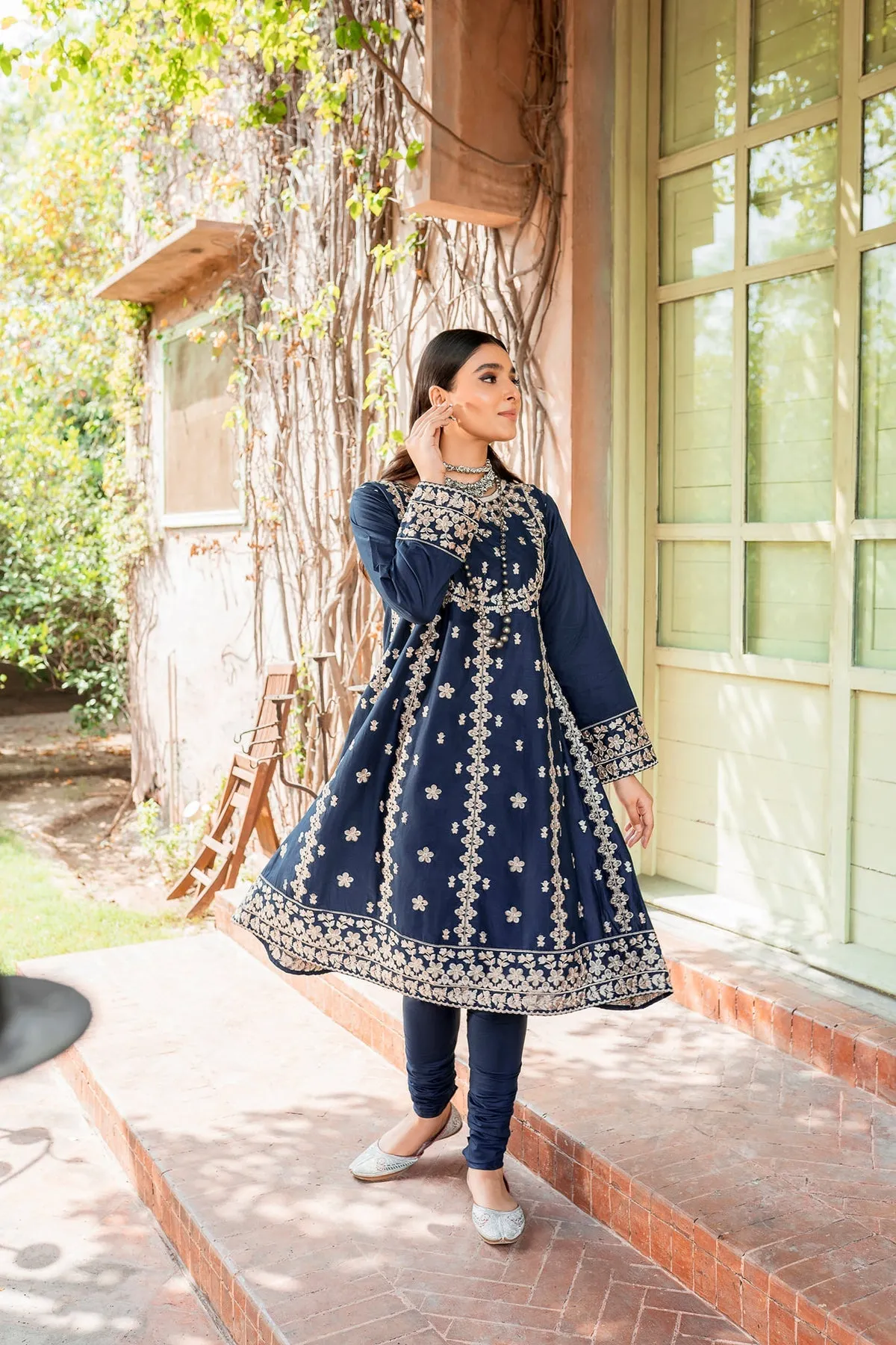 Pakistani Blue Dress in Frock Trouser Style for Eid