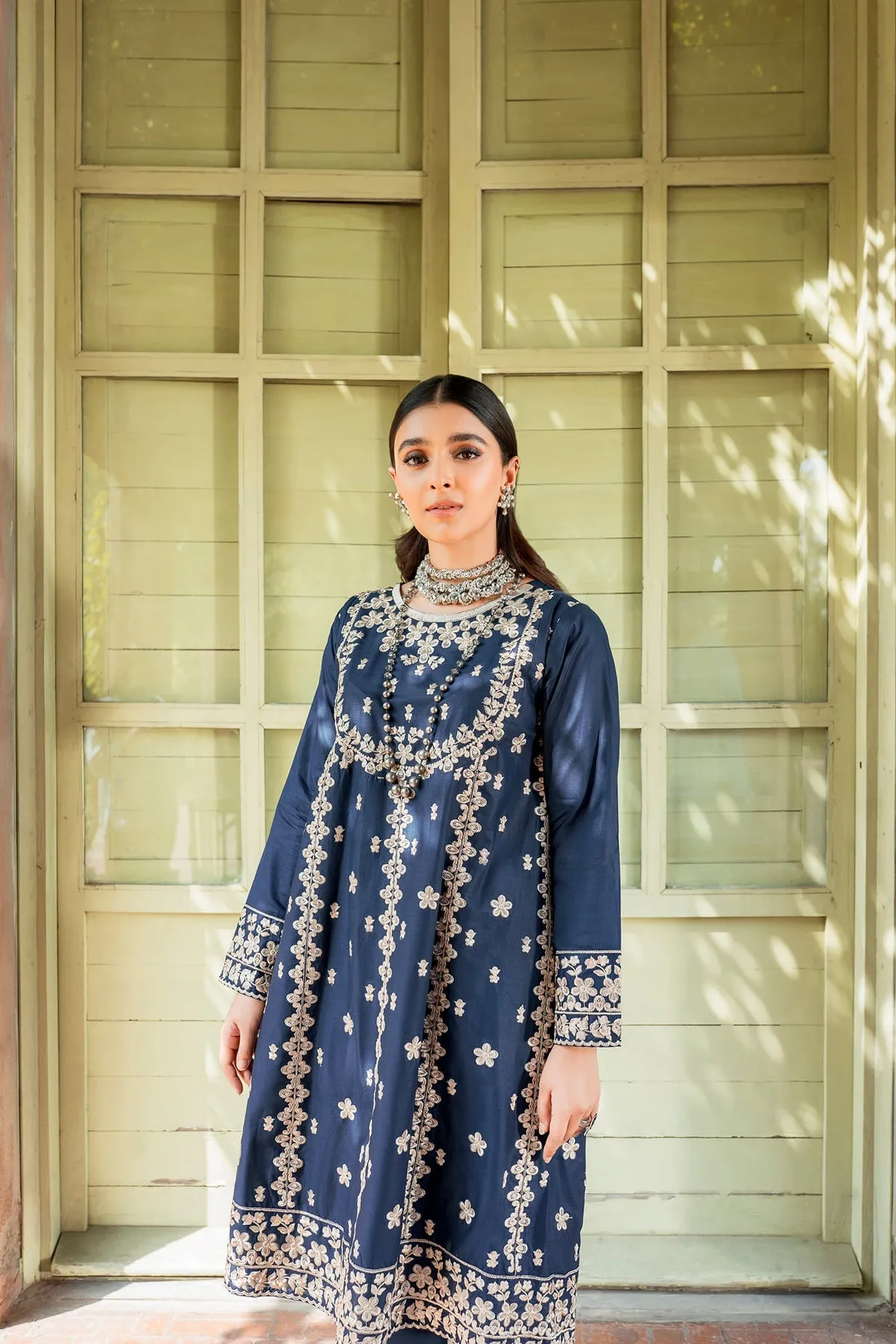 Pakistani Blue Dress in Frock Trouser Style for Eid