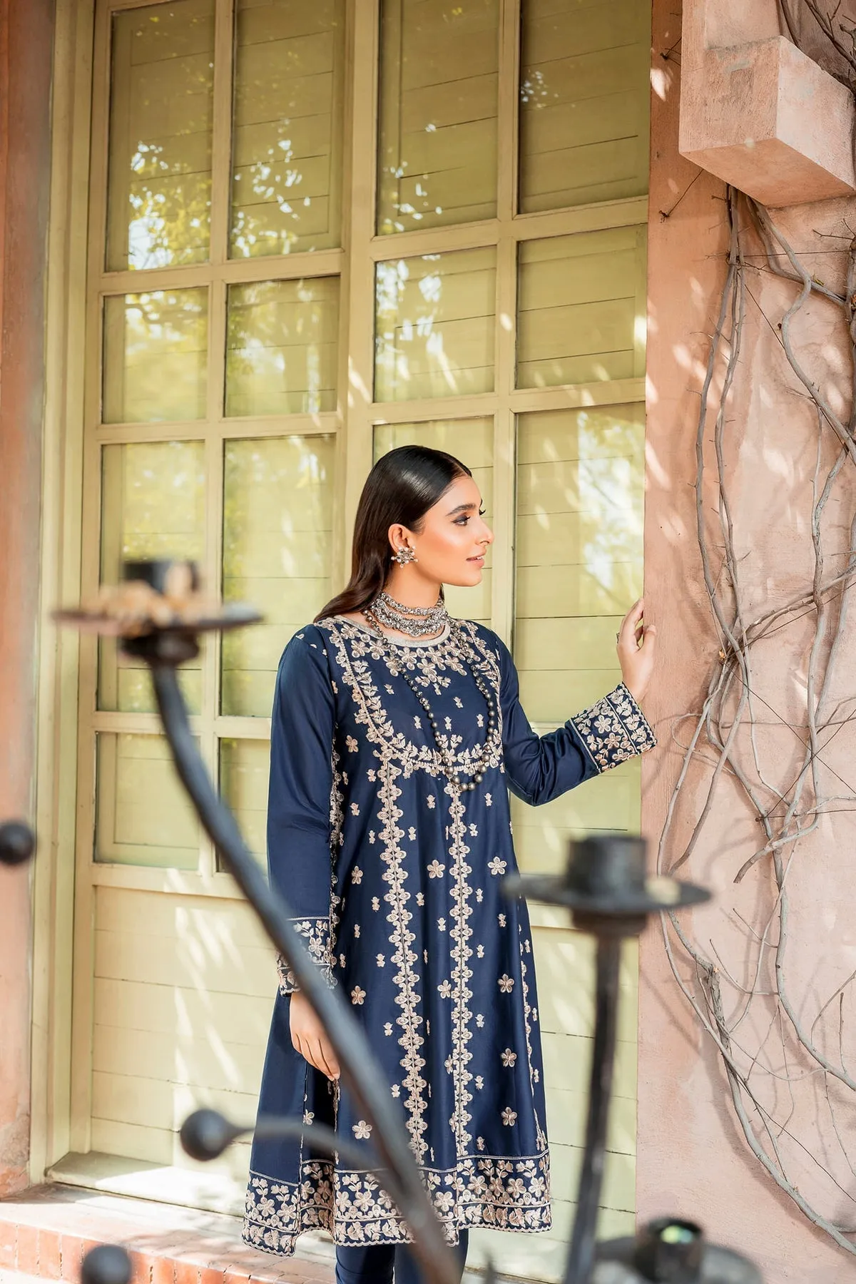 Pakistani Blue Dress in Frock Trouser Style for Eid
