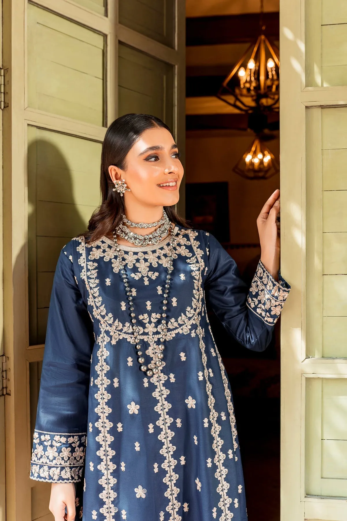Pakistani Blue Dress in Frock Trouser Style for Eid