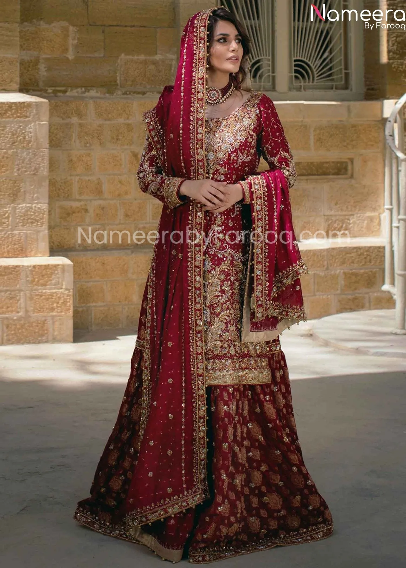 Pakistani Embellished Red Bridal Sharara Dress #BN232