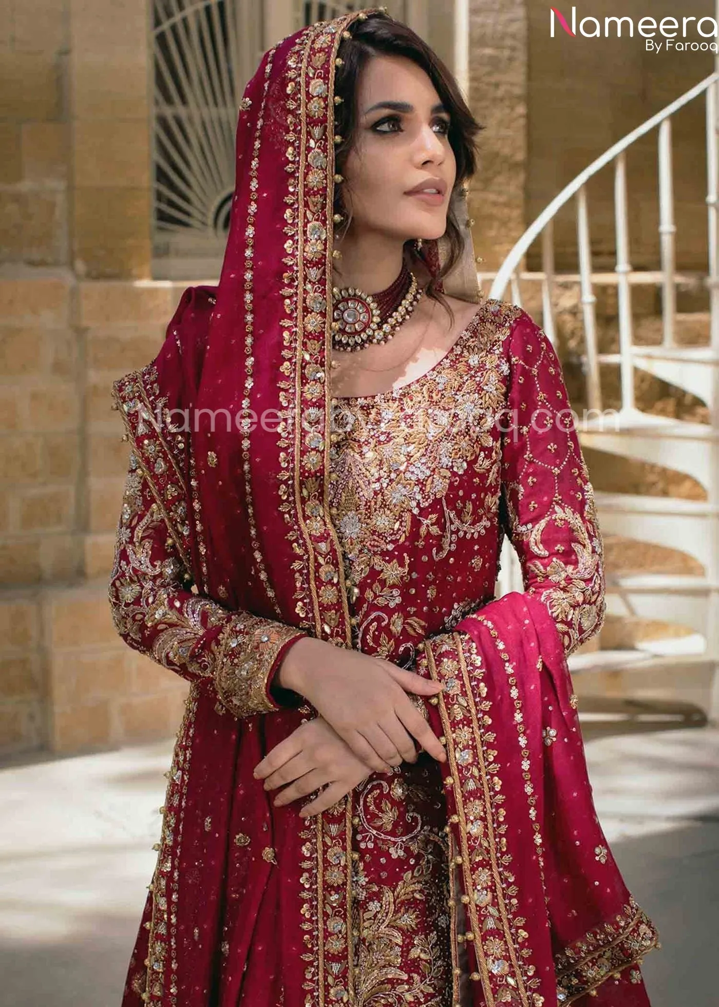 Pakistani Embellished Red Bridal Sharara Dress #BN232
