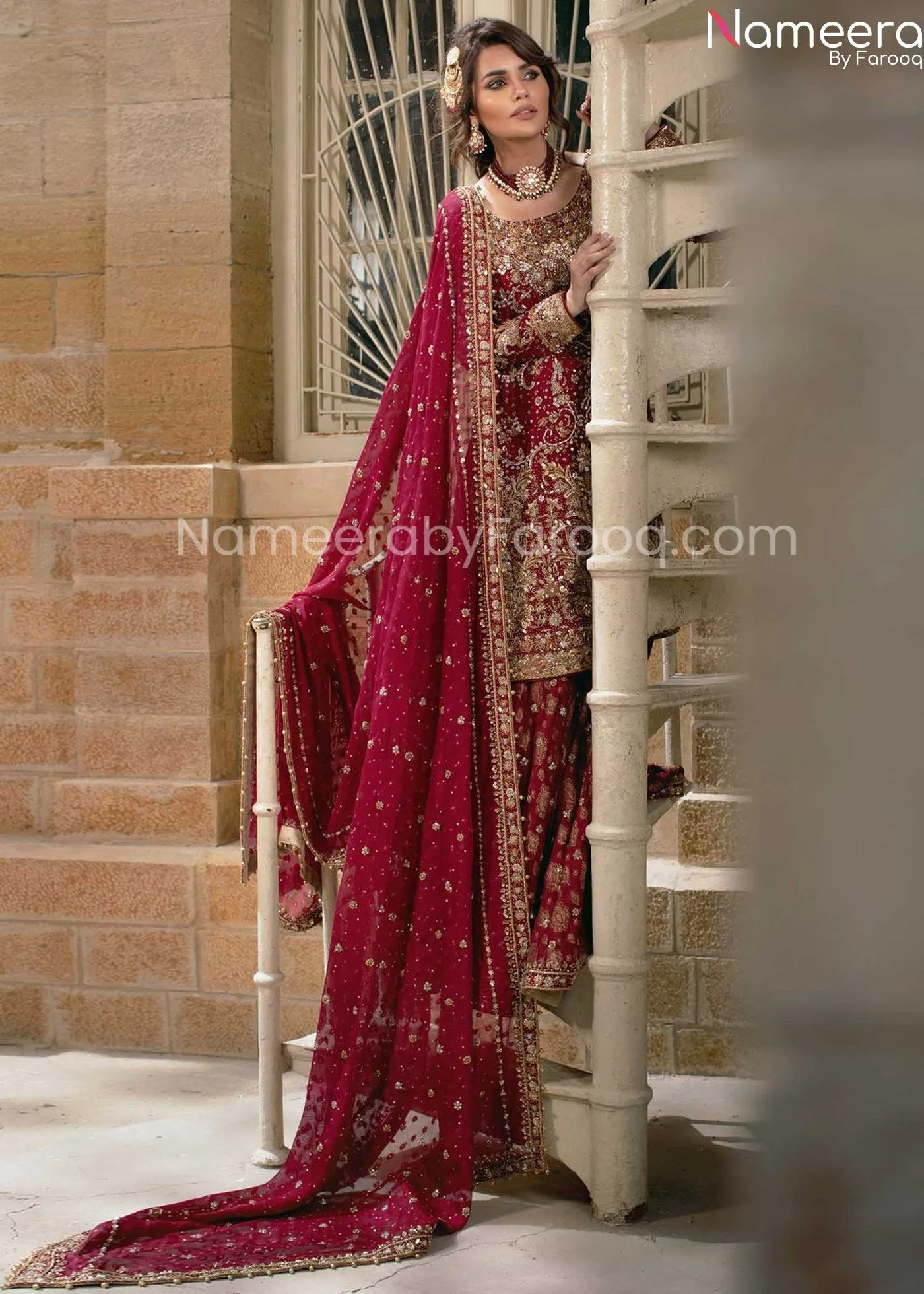 Pakistani Embellished Red Bridal Sharara Dress #BN232