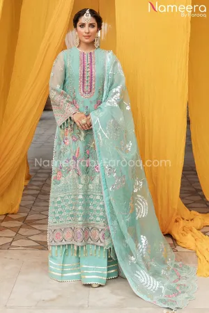 Pakistani Kameez Salwar in Aqua Blue Shade 2021 #PF211