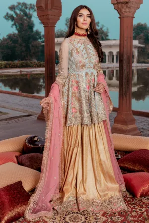 Pakistani net embellished party dress in blue and gold color # P2451