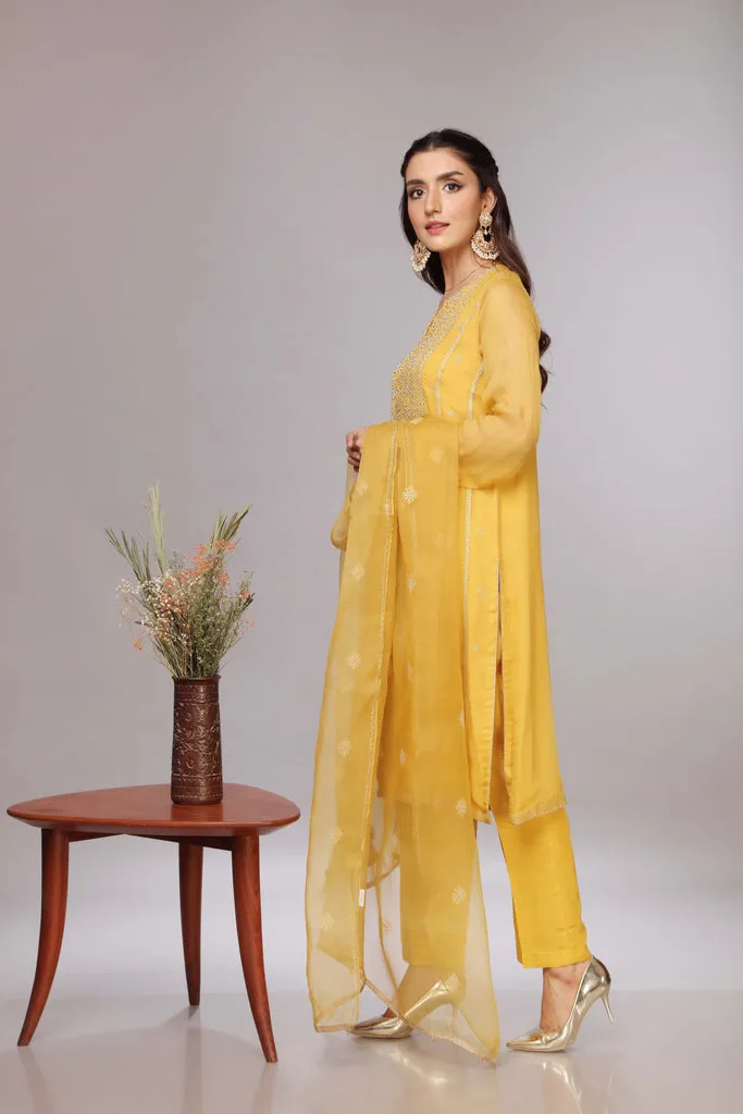 Pakistani Party Dress in Yellow Kameez Trouser Style