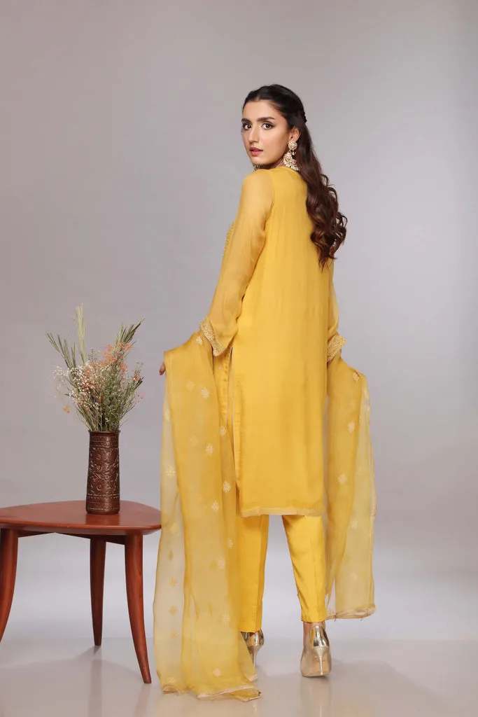 Pakistani Party Dress in Yellow Kameez Trouser Style