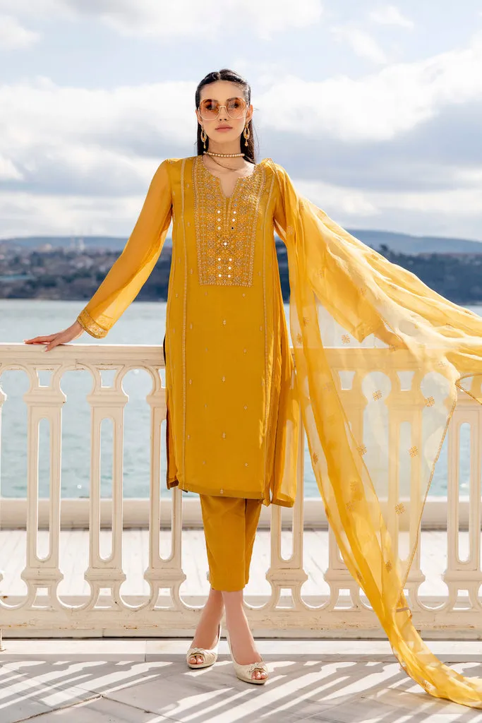 Pakistani Party Dress in Yellow Kameez Trouser Style