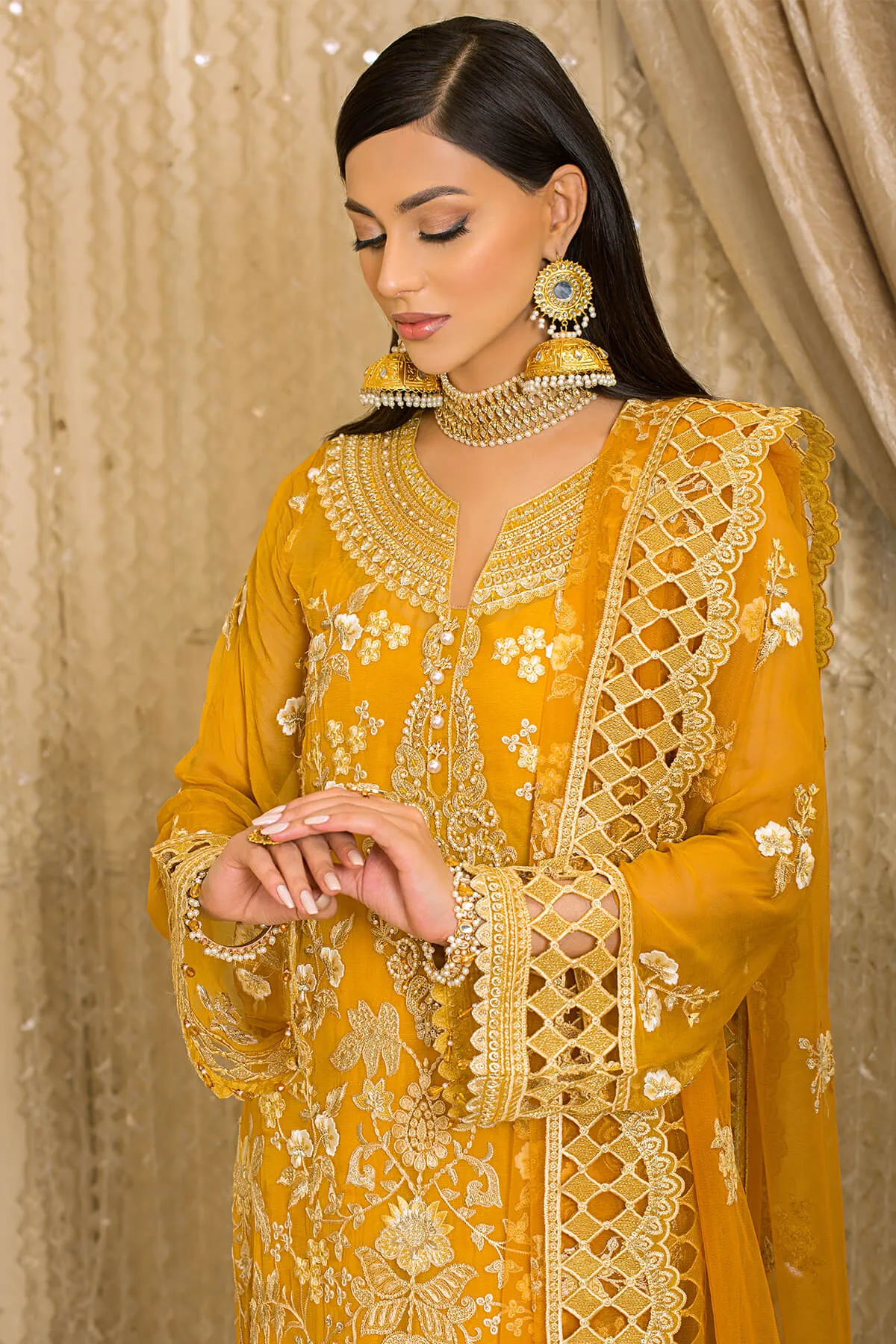 Pakistani Party Wear in Embroidered Yellow Kameez Trousers and Net Dupatta Style Eid Dress