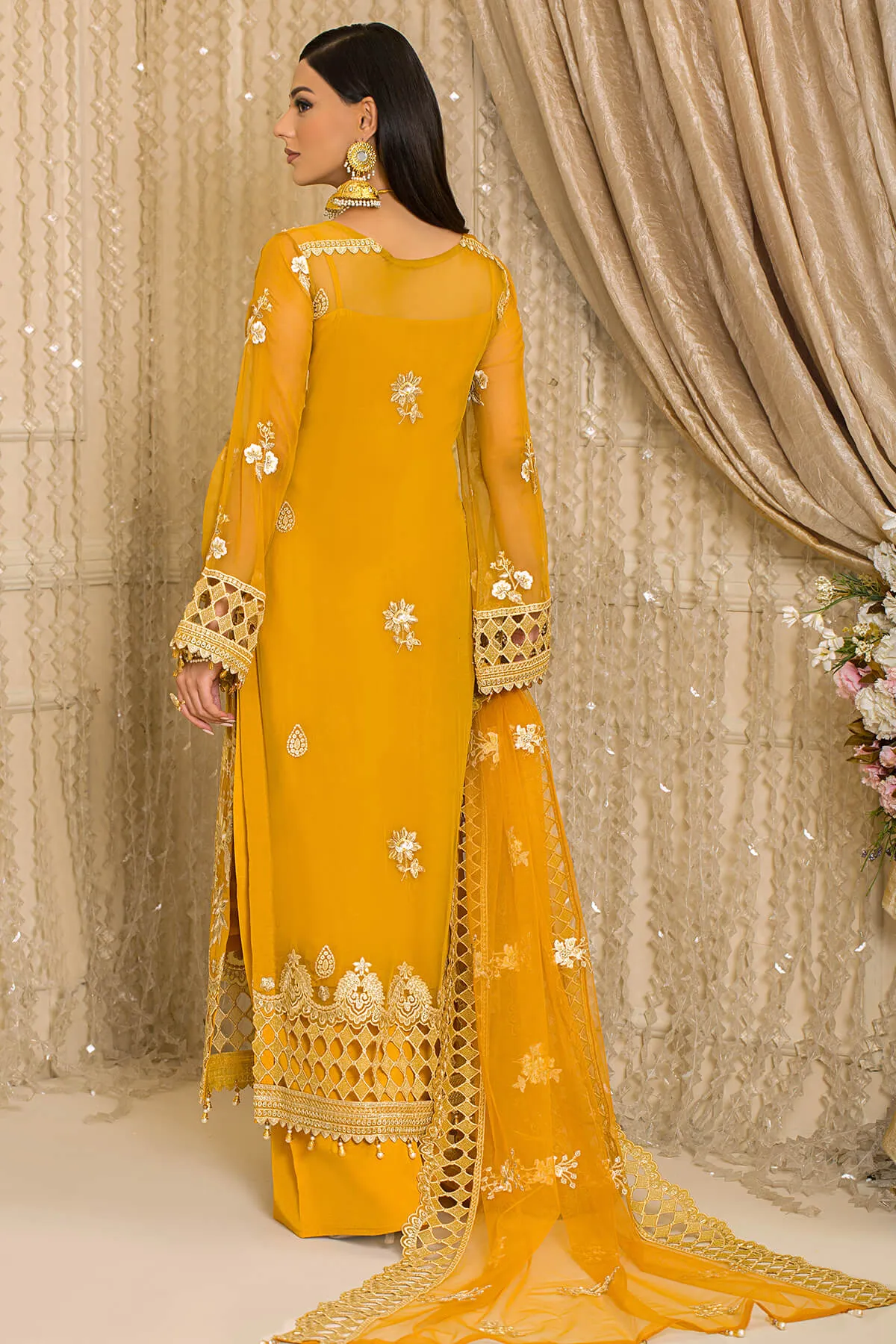 Pakistani Party Wear in Embroidered Yellow Kameez Trousers and Net Dupatta Style Eid Dress