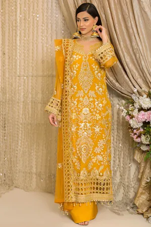 Pakistani Party Wear in Embroidered Yellow Kameez Trousers and Net Dupatta Style Eid Dress