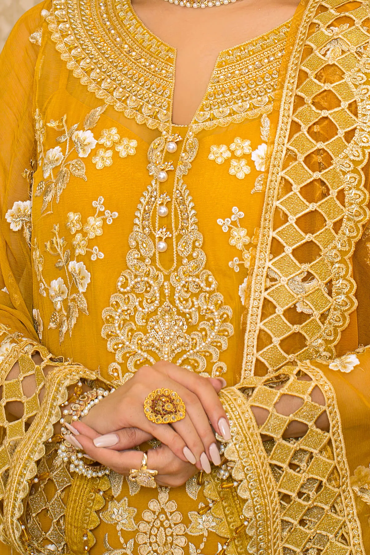 Pakistani Party Wear in Embroidered Yellow Kameez Trousers and Net Dupatta Style Eid Dress