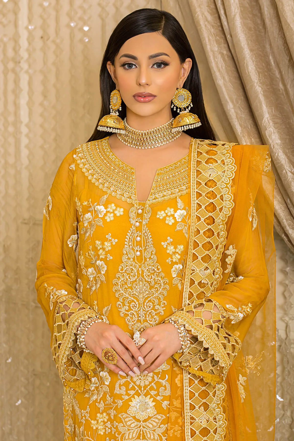 Pakistani Party Wear in Embroidered Yellow Kameez Trousers and Net Dupatta Style Eid Dress