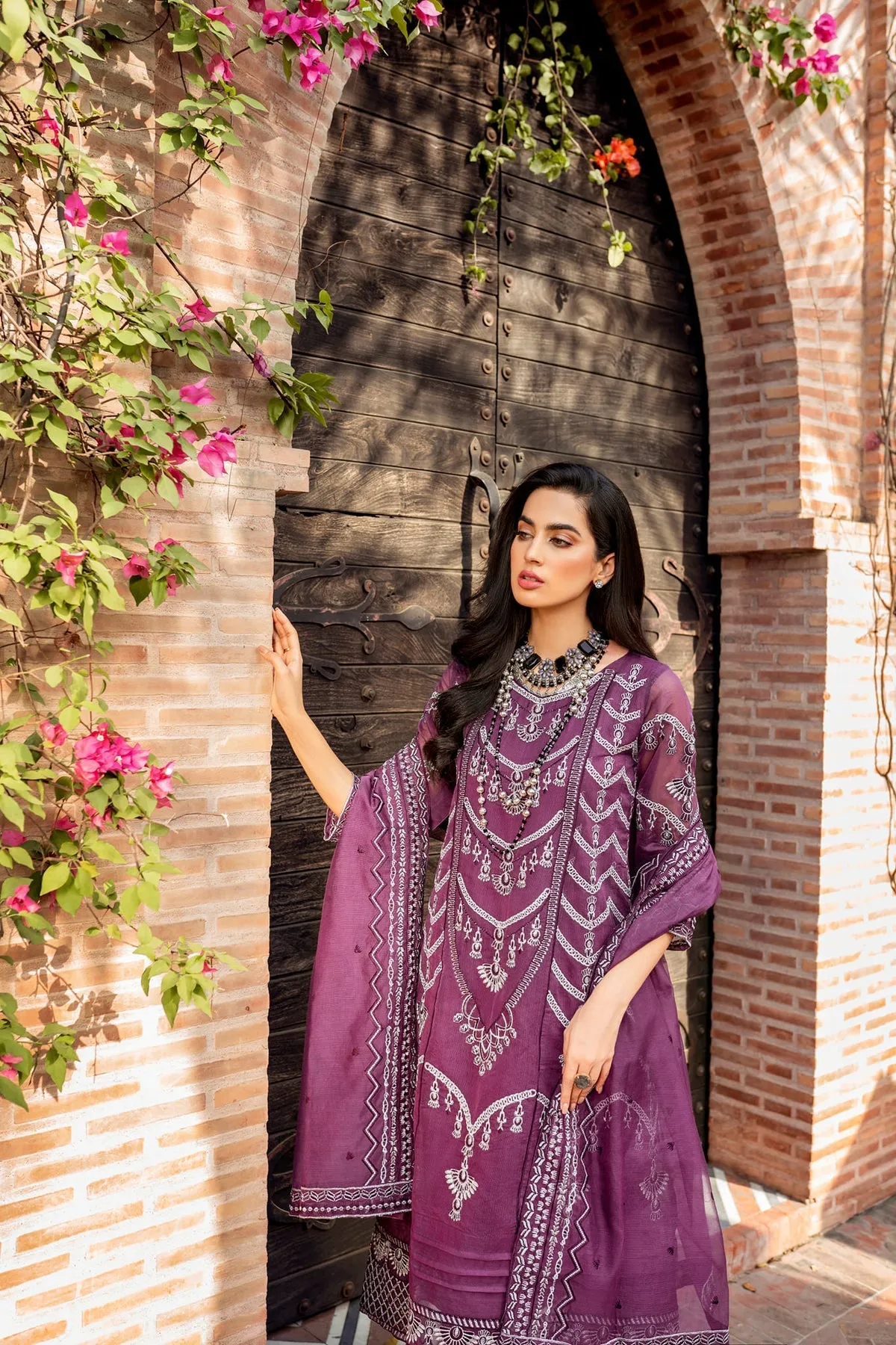 Pakistani Purple Dress in Gown Trouser Style for Eid