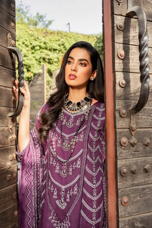 Pakistani Purple Dress in Gown Trouser Style for Eid