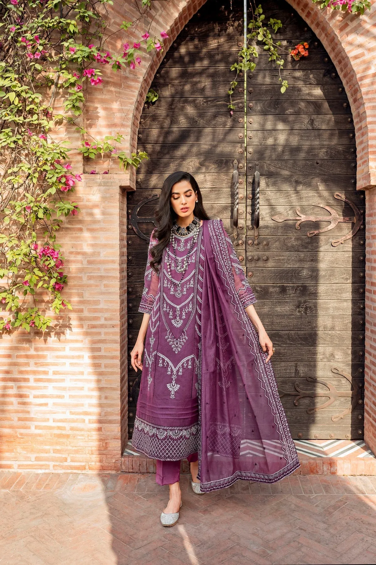 Pakistani Purple Dress in Gown Trouser Style for Eid