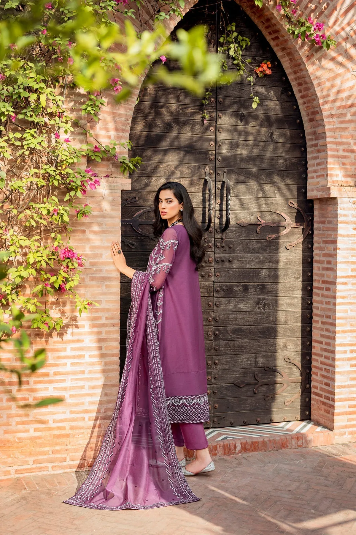 Pakistani Purple Dress in Gown Trouser Style for Eid