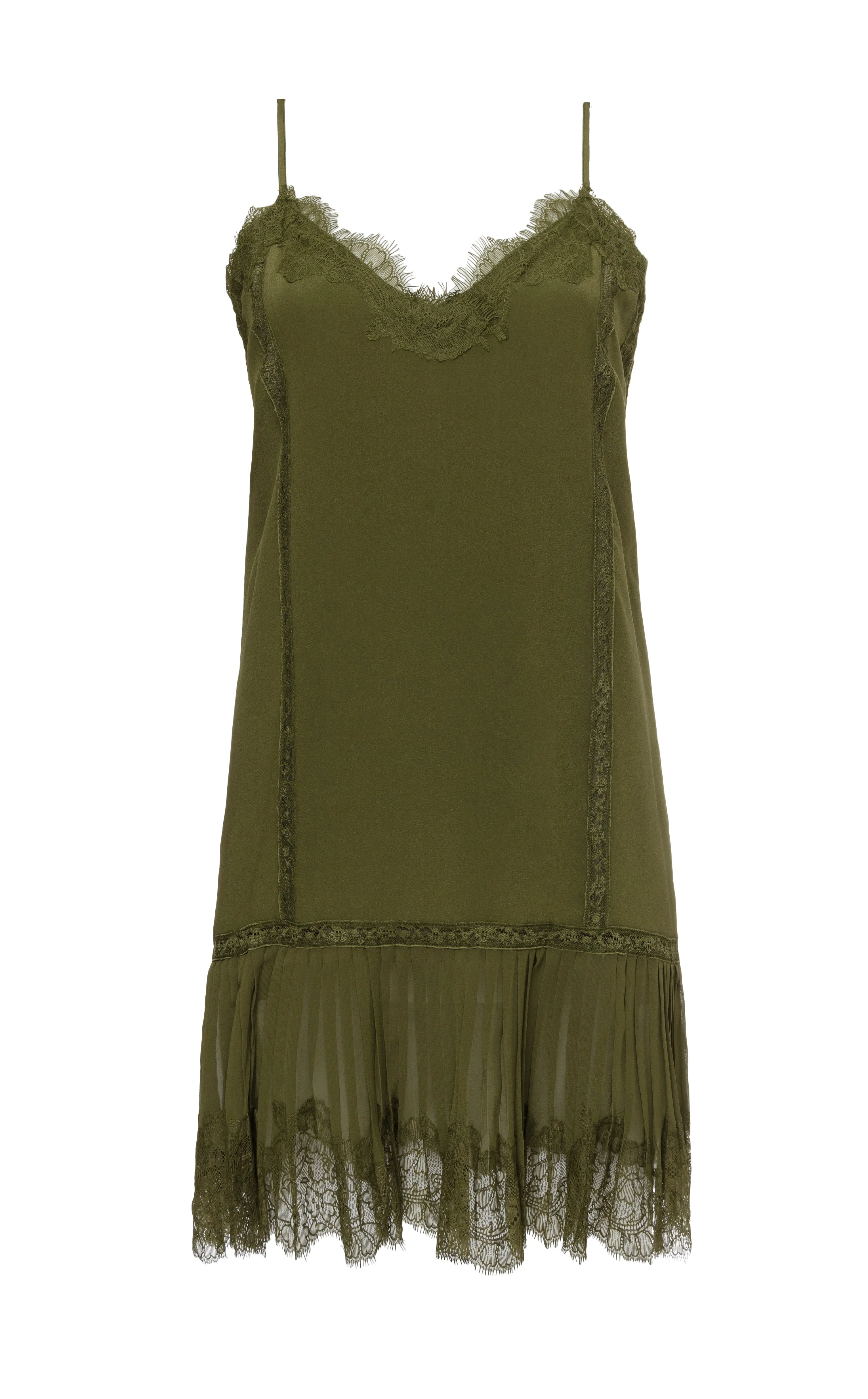 Pleated Lace Silk Dress Dark Olive