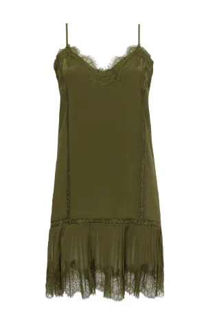 Pleated Lace Silk Dress Dark Olive