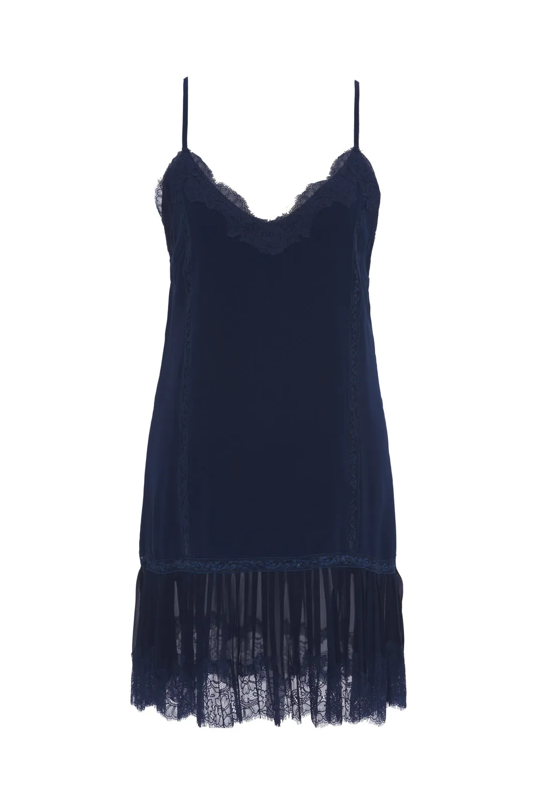 Pleated Lace Silk Dress Navy