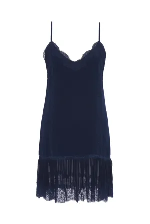 Pleated Lace Silk Dress Navy