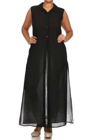 Plus Size Mod Button Up Sheer Black Maxi Dress