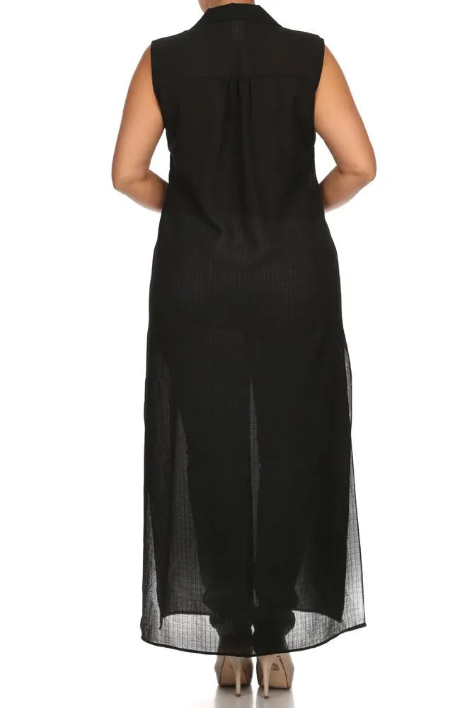 Plus Size Mod Button Up Sheer Black Maxi Dress