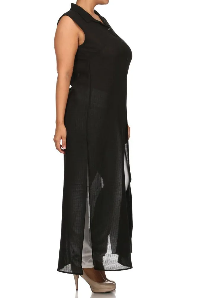 Plus Size Mod Button Up Sheer Black Maxi Dress