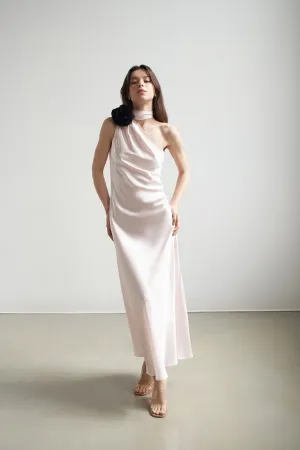 Portia Asymmetric Maxi Dress Pink With Black Crystallized Corsage