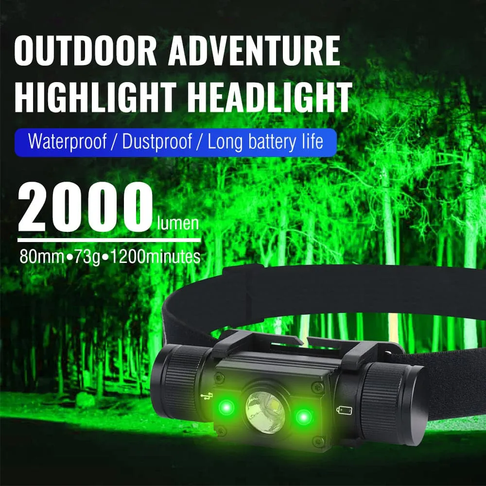 RECON GS2 White & Green Light LED Headlamp 2000lm Waterproof USB C Rechargeable