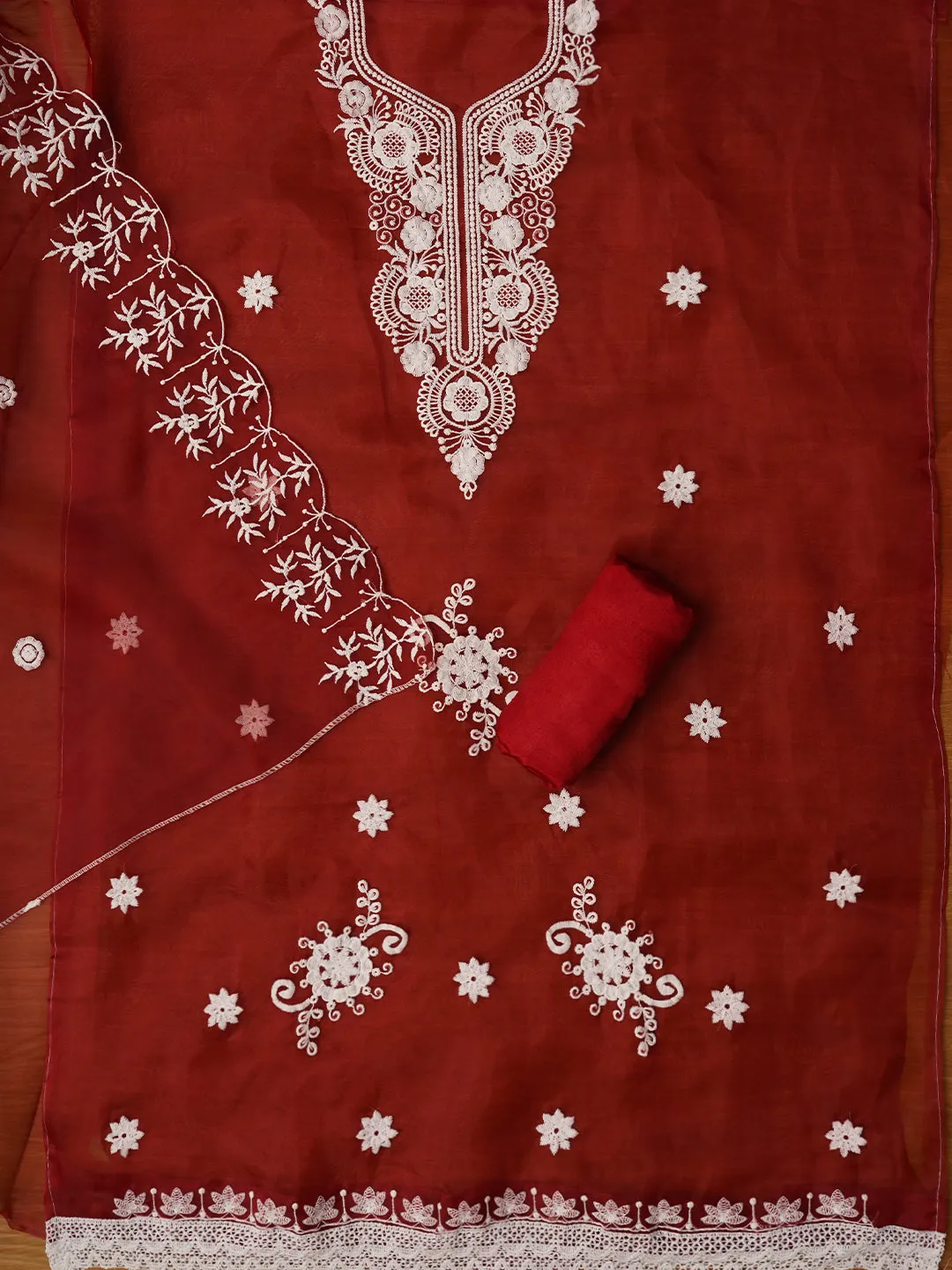 Red Thread Embroidered Organza Dress Material with Dupatta