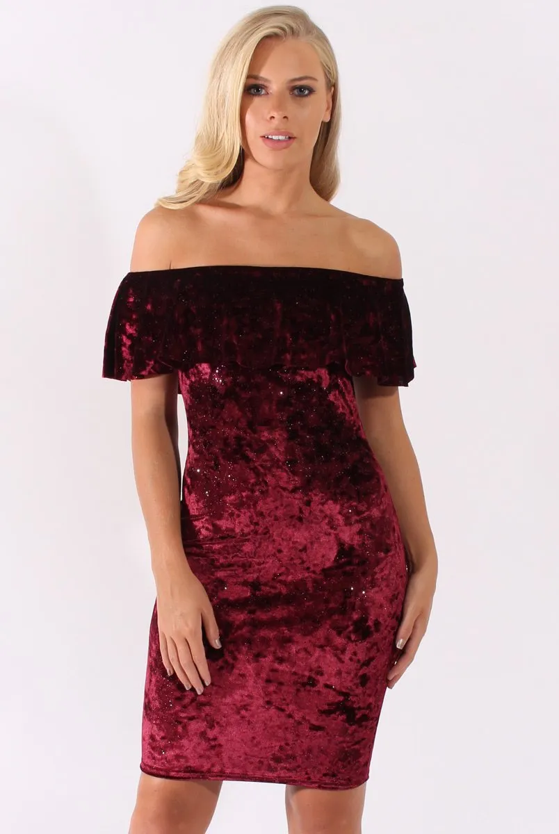 Red Velvet Sparkle Bardot Frill Dress - Bree