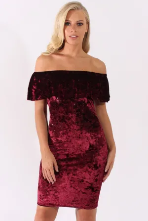 Red Velvet Sparkle Bardot Frill Dress - Bree