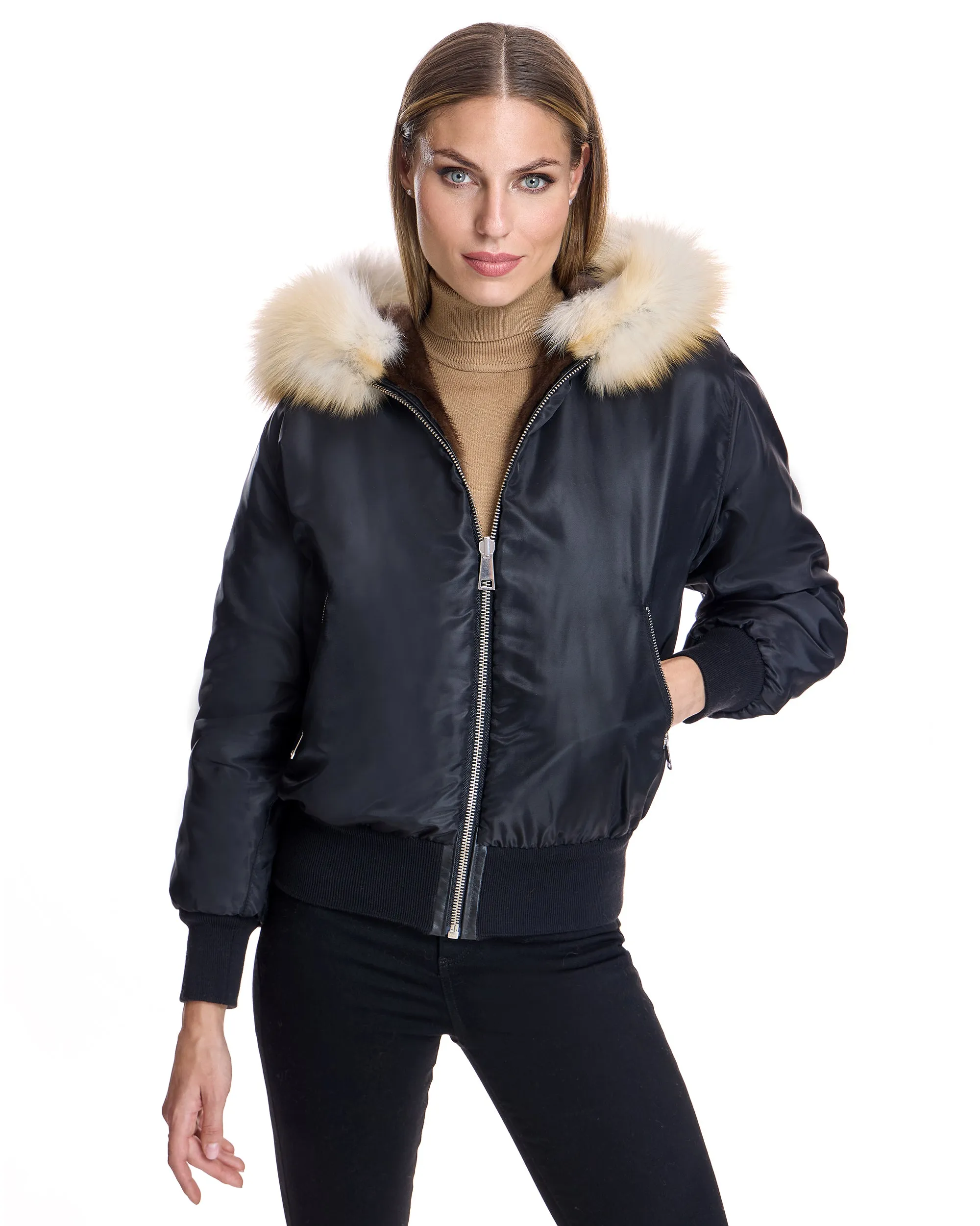Reversible Mink Jacket with Fox Trimmed Hood